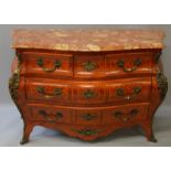 A GOOD LOUIS XVI STYLE KINGWOOD MARBLE TOP BOMBE COMMODE fitted with three small drawers over two