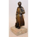 A 1920’S BRONZE FIGURE OF A GIRL HOLDING A GOOSE, another at her feet, standing on a marble base.