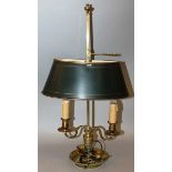 A 19TH CENTURY BRASS TWO LIGHT STUDENT LAMP AND SHADE 1ft 10ins high.