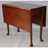 A GEORGE III MAHOGANY DROP FLAP DINING TABLE with two flaps and gate-leg ending in pad feet. 3ft