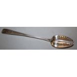 A GEORGE III BRIGHT LONG HANDLED SKIMMER SPOON. 13.5ins long DUBLIN 1803 Maker: John Keene.