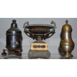 A PLATED WINDER on bun feet, pepperette and Regency bronze and marble urn (3).