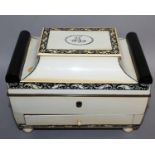 A SUPERB 19TH CENTURY ANGLO-INDIAN IVORY JEWELLERY BOX with ebony banding, the lift up lid opening