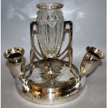 A GOOD 1920’S FRENCH PLATED CENTREPIECE by RAME  L. PAR with cut glass vase and three plated