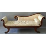 A REGENCY MAHOGANY SCROLL END SOFA with show wood frame, supported on curving legs with brass cap