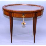 A GEORGE III OVAL INLAID SATINWOOD BIJOUTERIE TABLE with rising top, velvet interior on tapering