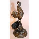 AUGUSTE CAIN (1822-1894) FRENCH A BRONZE COCKEREL STANDING ON A BASKET. Signed 6.5ins high.