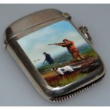 A GEORGE V SILVER AND ENAMEL VESTA “GROUSE SHOOTING” Birmingham 1910 Maker: J.G. Ltd.