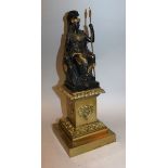 A VERY GOOD REGENCY BRONZE AND GILT FIGURE OF BRITANNIA seated on a column. 16ins high.