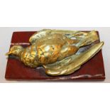 CHRISTOPHER FRATIN (1800-1864) FRENCH A GILT BRONZE OF A DEAD SPARROW on a rectangular marble