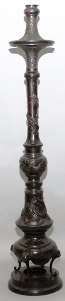 A GOOD JAPANESE BRONZE LAMP with dragons in relief. 4ft 4ins high.