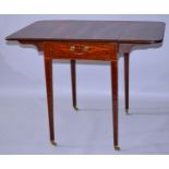 A SMALL GEORGIAN MAHOGANY PEMBROKE TABLE with plain top, folding flaps, end drawer with brass