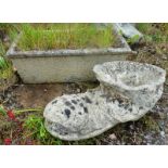 A RECONSTITUTED STONE SMALL GARDEN TROUGH and a SMALL PLANTER modelled as a boot! (2).