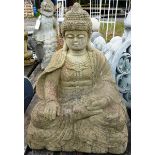 A RECONSTITUTED GARDEN ORNAMENT modelled as a seated Buddha 2ft 0ins high.