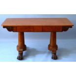 A SUPERB REGENCY AMBOYNA LIBRARY TABLE with figured amboyna top, two frieze drawers on turned end