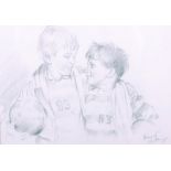 Franco Matania (1922-2006) British.Two Boys in Football Clothes, holding Footballs, Pencil,