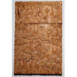 A 19TH CENTURY CHINESE SANDALWOOD CARD CASE, carved all over in detailed relief with scenes of