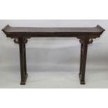 A 19TH/20TH CENTURY CHINESE HARDWOOD ALTER TABLE, the narrow top surface with scroll ends, the two