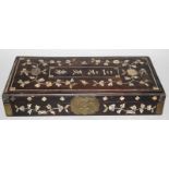 AN EARLY 20TH CENTURY CHINESE MOTHER-OF-PEARL INLAID RECTANGULAR BOX, with hinged cover, the cover