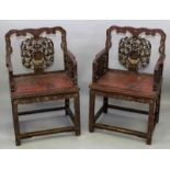 A PAIR OF 19TH/20TH CENTURY CHINESE RED LACQUERED ARMCHAIRS, each pierced back frieze carved with an