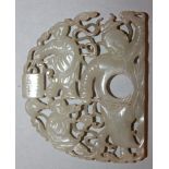 A GOOD QUALITY 19TH CENTURY CHINESE WHITE JADE CARVING, being one part of a belt buckle, the pierced