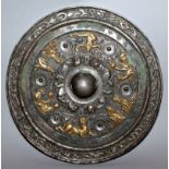 ANOTHER GOOD QUALITY LARGE CHINESE TANG-STYLE SILVERED AND GILDED BRONZE MIRROR, decorated to its