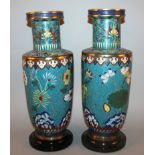 A GOOD LARGE PAIR OF CHINESE JIAQING PERIOD CLOISONNE ROULEAU VASES, each mounted on a fixed