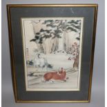 A CHINESE FRAMED PAINTING ON PAPER, depicting two horses before a lakeside waterfall, the frame 19in