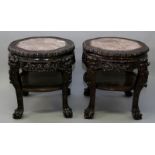 A PAIR OF FINE QUALITY 19TH CENTURY CHINESE MARBLE TOP HARDWOOD STANDS, each shaped top with a