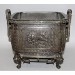 A 19TH/20TH CENTURY CHINESE BRONZE JARDINIERE, of square section with indented corners, one side