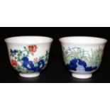 A PAIR OF GOOD QUALITY CHINESE FAMILLE ROSE PORCELAIN CUPS, each painted with garden foliage and