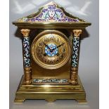 A 19TH CENTURY FRENCH CHAMPLEVE ENAMEL, ORMOLU AND ONYX CLOCK of architectural form, column sides,