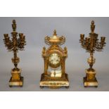 A SUPERB 19TH CENTURY FRENCH LOUIS XVI MARBLE AND ORMOLU THREE PIECE CLOCK GARNITURE by SHREVE CRUMP