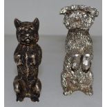 TWO EDWARD VII NOVELTY CAST SILVER DOG PEPPERETTES sitting begging 2.5ins and 2ins high. London 1906