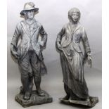 A SUPERB PAIR OF LEAD GARDEN FIGURES OF AN IRISH LADY AND GENTLEMAN on square bases.3ft 8ins high.