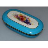 A ROYAL WORCESTER OVAL TURQUOISE GROUND BOX AND COVER, painted with fruit by W H Austin, signed,