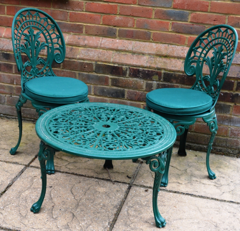 A PAIR OF GREEN PAINTED CAST ALUMINIUM SMALL PATIO TABLES; together with six chairs, two - Image 2 of 4