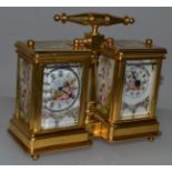 A “SEVRES” DOUBLE MINIATURE CARRIAGE CLOCK AND BAROMETER COMBINED 4ins high.