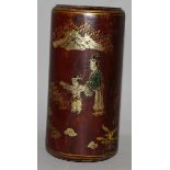 A CHINESE BROWN PAINTED BRUSH POT. 5ins high.