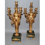 A GOOD PAIR OF EMPIRE DESIGN ORMOLU AND MARBLE THREE LIGHT CANDLESTICKS with classical female