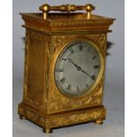 A VERY GOOD 19TH CENTURY FRENCH ENGRAVED BRASS CARRIAGE CLOCK with silvered dial. 5ins high.