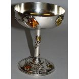 A SUPERB FRENCH ART NOUVEAU SILVER AND ENAMEL GOBLET, dated 1904, decorated with flowers in coloured