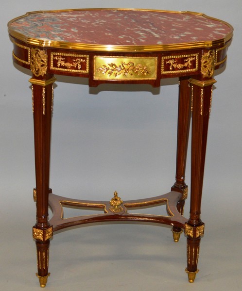 A LOUIS XVI DESIGN ROSEWOOD, MARBLE AND ORMOLU OCCASIONAL TABLE, rouge marble top over a frieze with