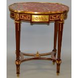 A LOUIS XVI DESIGN ROSEWOOD, MARBLE AND ORMOLU OCCASIONAL TABLE, rouge marble top over a frieze with