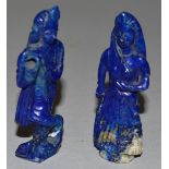 A SMALL PAIR OF CARVED LAPIS LAZULI FIGURES 2.75ins high.