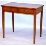 A GEORGE III MAHOGANY SIDE TABLE with a single frieze drawer, brass ring handles, on tapering square