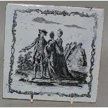 AN 18TH CENTURY LIVERPOOL TILE, printed by Sadler, with a gentleman escorting two fashionable