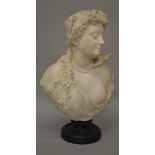 A GOOD 19TH CENTURY ITALIAN CARVED WHITE MARBLE BUST OF A YOUNG LADY, a dove on her shoulder. 2ft