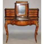 A 19TH CENTURY FRENCH BURR WALNUT AND MARQUETRY BONHEUR DU JOUR, brass galleried upper section,