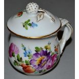 A 19TH CENTURY GERMAN PORCELAIN CUSTARD CUP AND COVER, finely painted with flower sprays.